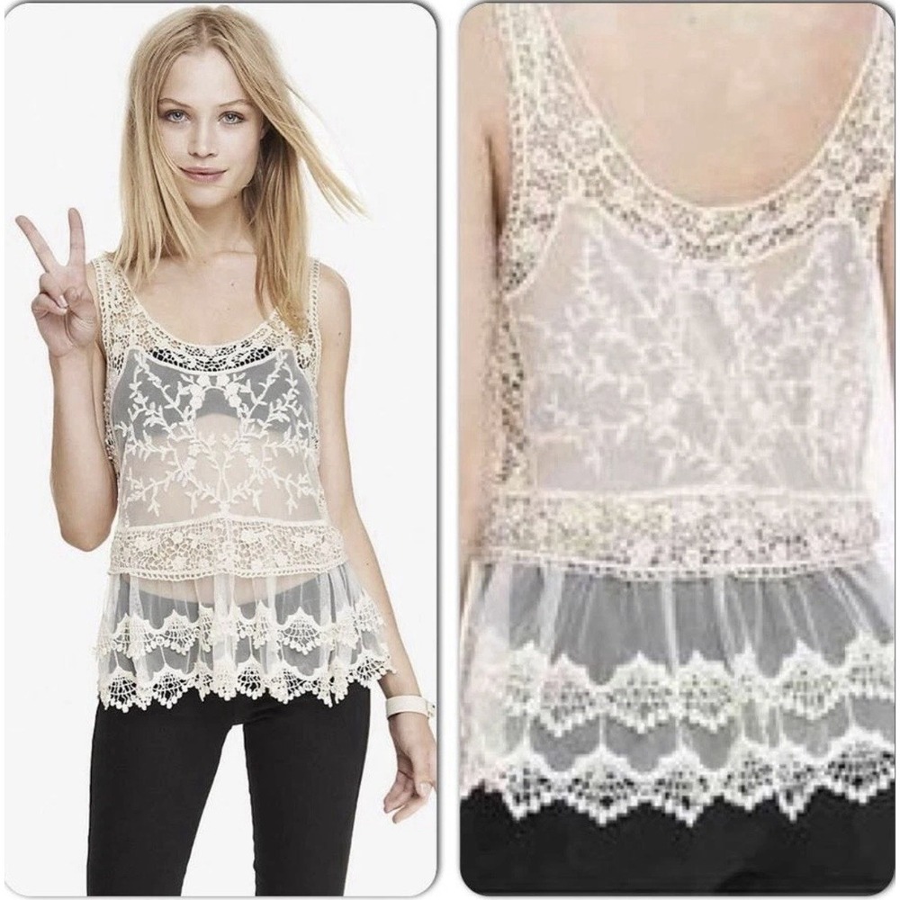 Express Ivory Baroque Tiered Lace Tank Top/Cami Concert Boho Romantic Womens S